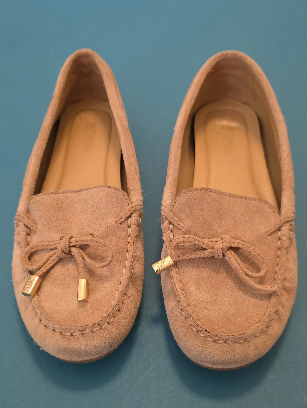 Michael Kors Beige Suede Moccasin Loafers with Gold Accents
